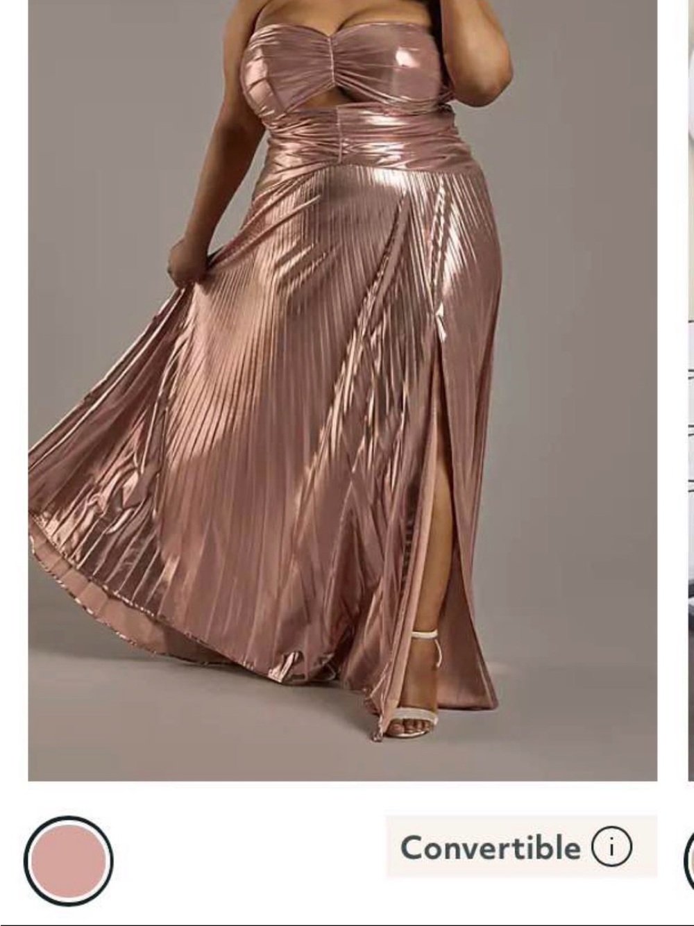 David's Bridal Metallic Rose Gold Pleated Maxi Skirt with Side Slit